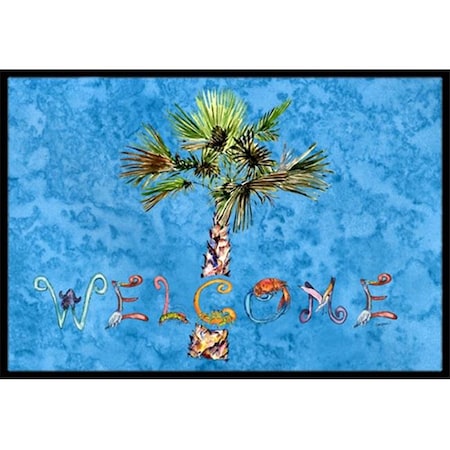 Carolines Treasures Carolines Treasures 8708MAT Welcome Palm Tree On Blue Indoor & Outdoor Mat; 18 x 27 in. 8708MAT